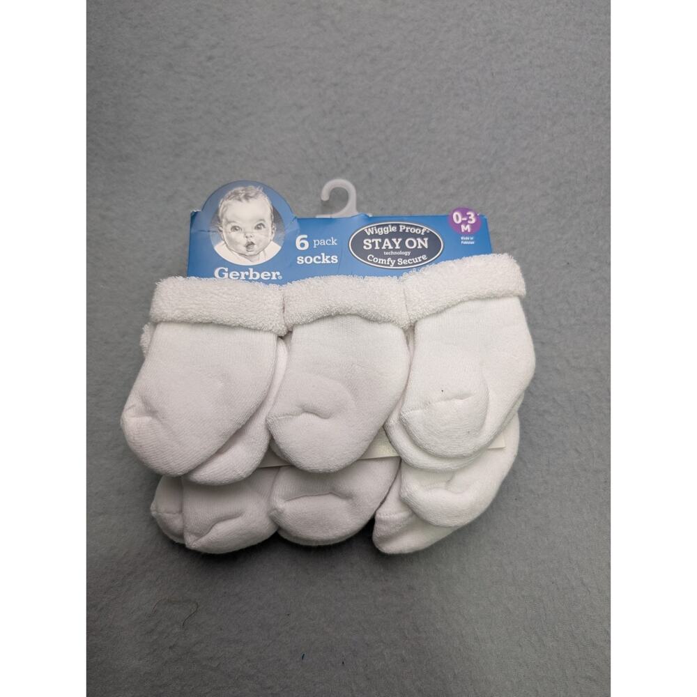 Gerber Baby Wiggle Proof Stay On Socks 6 Pack - White - Size 0-3 Months NWT
